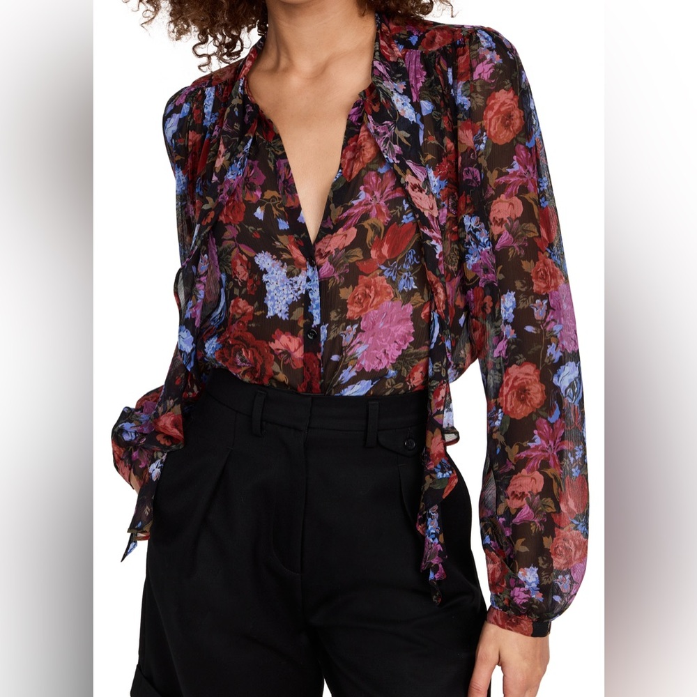 PAIGE Elynne Floral Silk Blouse Ruffle Tie Neck Boho Romantic Cottagecore Top XS
